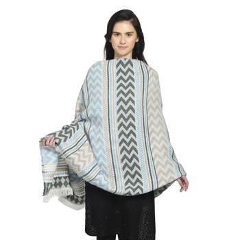 Light Blue & Grey Woollen Blend Woven Design Stripped Chevron Shawl 1