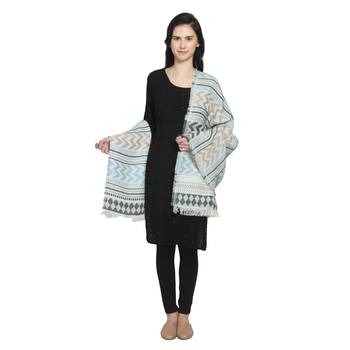 Light Blue & Grey Woollen Blend Woven Design Stripped Chevron Shawl 3