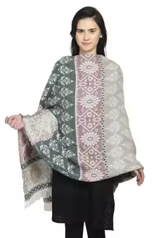 Grey & Light Mauve Woollen Blend Woven Design Abstract Geometric Shawl