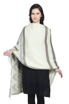 Natural & Grey Woollen Blend Woven Design Stripped Geometric Shawl