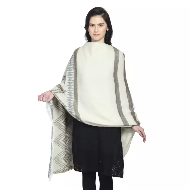 Natural & Grey Woollen Blend Woven Design Stripped Geometric Shawl