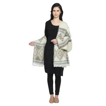 Natural & Grey Woollen Blend Woven Design Stripped Geometric Shawl 3