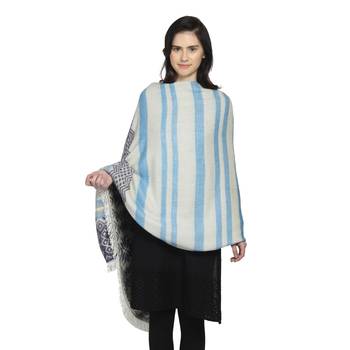 White & Blue Woollen Blend Woven Design Stripped Geometric Shawl 1