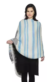 White & Blue Woollen Blend Woven Design Stripped Geometric Shawl