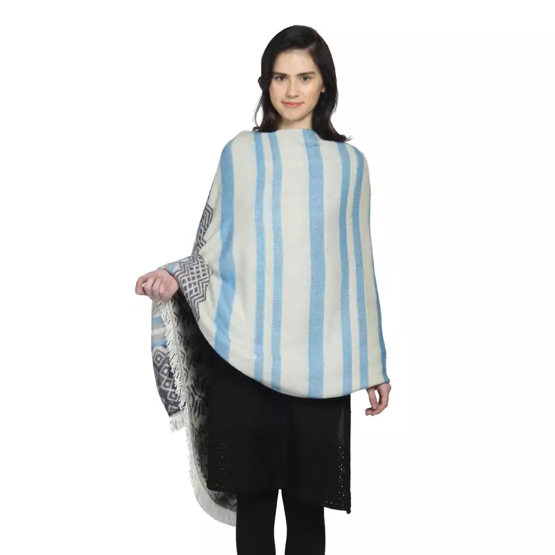 White & Blue Woollen Blend Woven Design Stripped Geometric Shawl