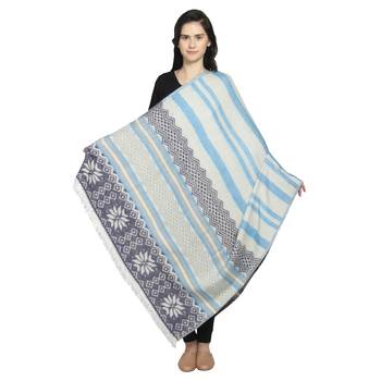 White & Blue Woollen Blend Woven Design Stripped Geometric Shawl 2