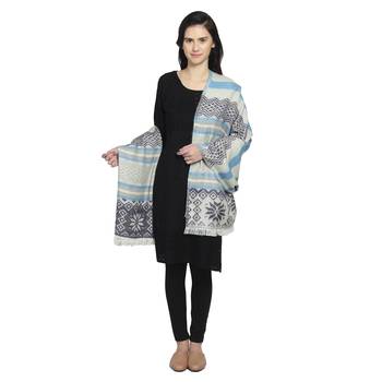 White & Blue Woollen Blend Woven Design Stripped Geometric Shawl 3