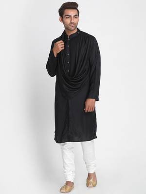 Black Plain Viscose Rayon Men Kurtas 1