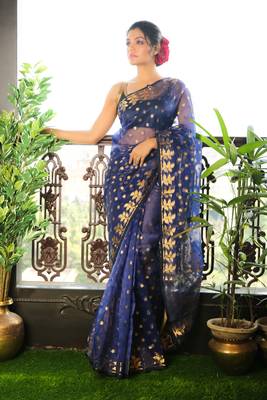 Blue woven blended cotton saree with blouse 1