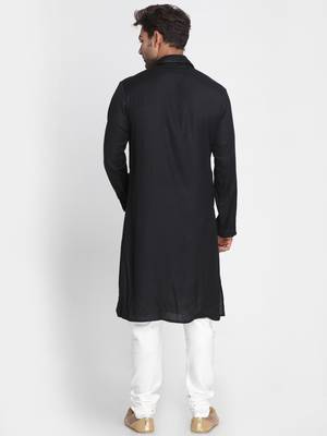 Black Plain Viscose Rayon Men Kurtas 3