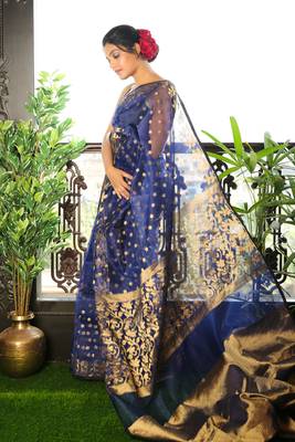 Blue woven blended cotton saree with blouse 2