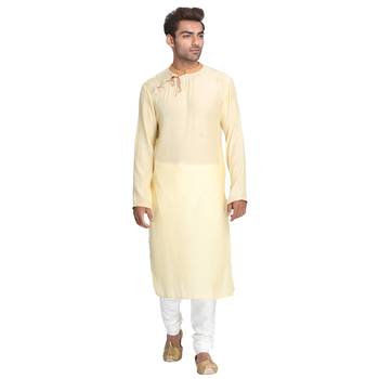 Yellow Embroidered Cotton Silk Men Kurtas 1