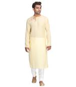 Yellow Embroidered Cotton Silk Men Kurtas