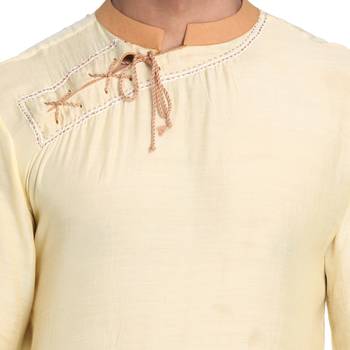 Yellow Embroidered Cotton Silk Men Kurtas 4