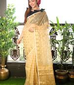 Beige woven blended cotton saree with blouse