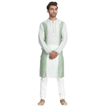 Green Embroidered Cotton Silk Men Kurtas 1