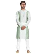 Green Embroidered Cotton Silk Men Kurtas