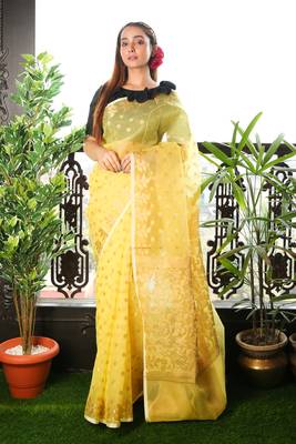 Light yellow woven blended cotton saree with blouse 1