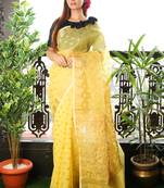 Light yellow woven blended cotton saree with blouse