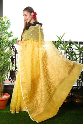 Light yellow woven blended cotton saree with blouse 2