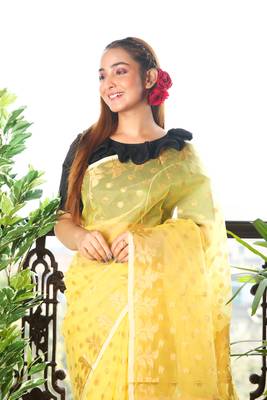 Light yellow woven blended cotton saree with blouse 3