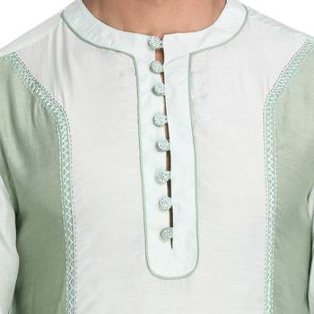 Green Embroidered Cotton Silk Men Kurtas 4