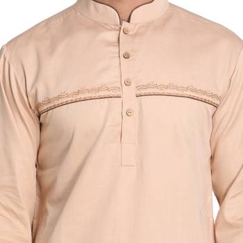 Beige Embroidered Cotton Men Kurtas 4