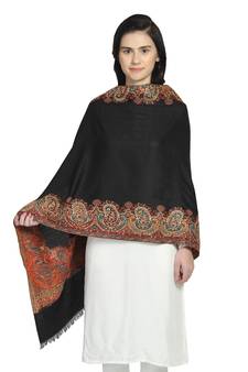 Black & Multi Woollen Blend Woven Design Floral Paisley Shawl