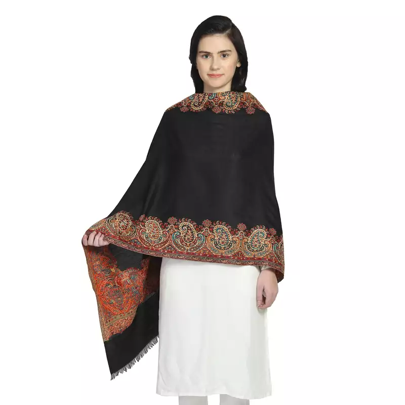 Black & Multi Woollen Blend Woven Design Floral Paisley Shawl