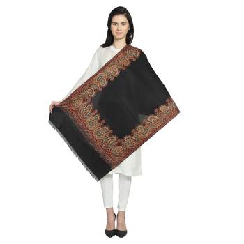 Black & Multi Woollen Blend Woven Design Floral Paisley Shawl 2