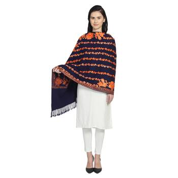 Navy & Orange Woollen Floral Geometric Embroidered Shawl 1
