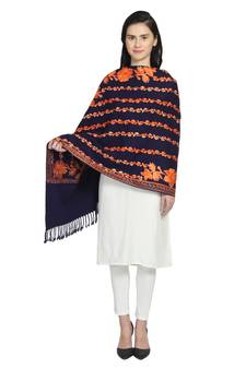Navy & Orange Woollen Floral Geometric Embroidered Shawl