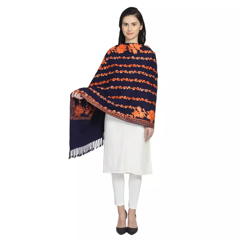 Navy & Orange Woollen Floral Geometric Embroidered Shawl