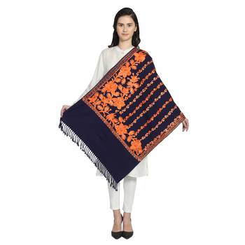 Navy & Orange Woollen Floral Geometric Embroidered Shawl 2