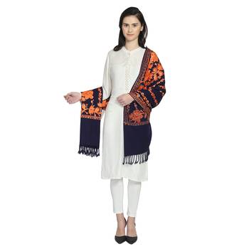 Navy & Orange Woollen Floral Geometric Embroidered Shawl 3