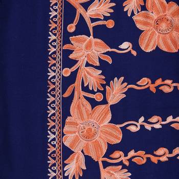 Navy & Orange Woollen Floral Geometric Embroidered Shawl 4