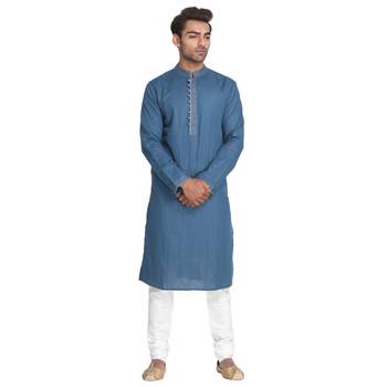 Blue Plain Cotton Men Kurtas 1