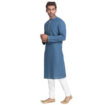 Blue Plain Cotton Men Kurtas 2
