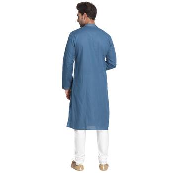 Blue Plain Cotton Men Kurtas 3