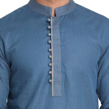 Blue Plain Cotton Men Kurtas 4