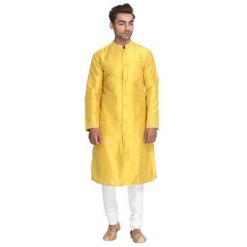 Yellow Embroidered Dupion Silk Men Kurtas 1