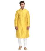 Yellow Embroidered Dupion Silk Men Kurtas