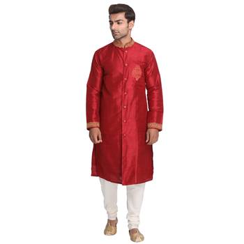 Red Embroidered Dupion Silk Men Kurtas 1