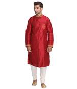 Red Embroidered Dupion Silk Men Kurtas