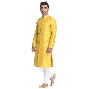 Yellow Embroidered Dupion Silk Men Kurtas 2