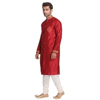 Red Embroidered Dupion Silk Men Kurtas 2