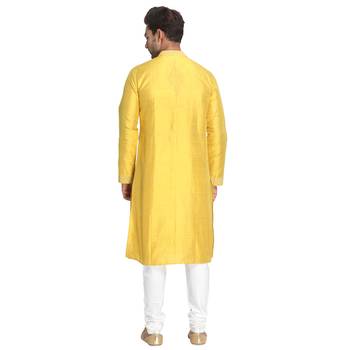 Yellow Embroidered Dupion Silk Men Kurtas 3
