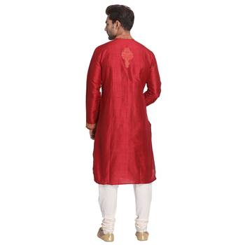 Red Embroidered Dupion Silk Men Kurtas 3