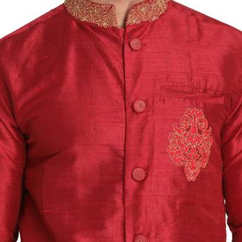 Red Embroidered Dupion Silk Men Kurtas 4