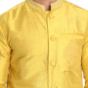 Yellow Embroidered Dupion Silk Men Kurtas 4